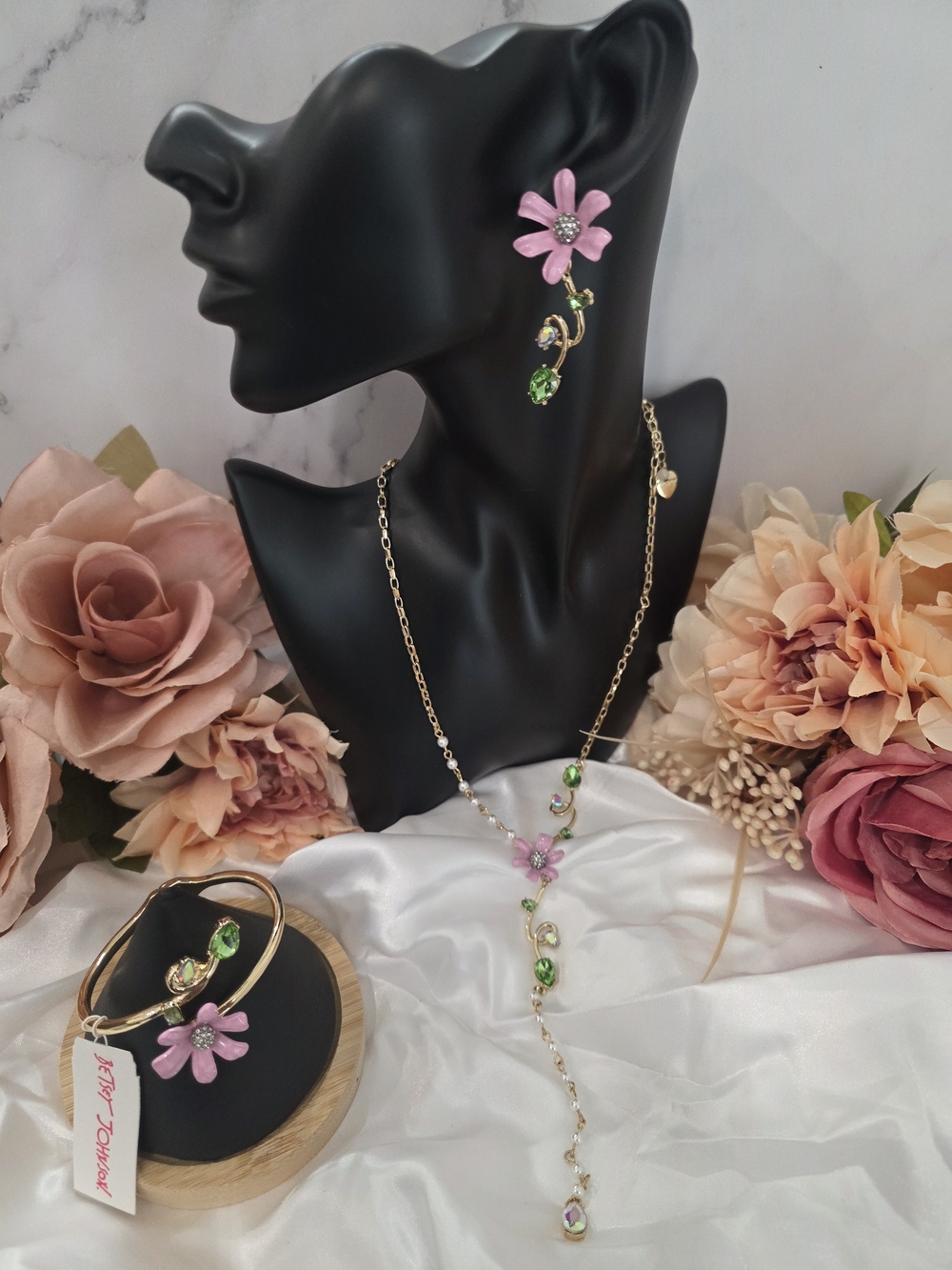 Betsey Johnson Pink Flower Necklace, Bracelet, and Earrings Set